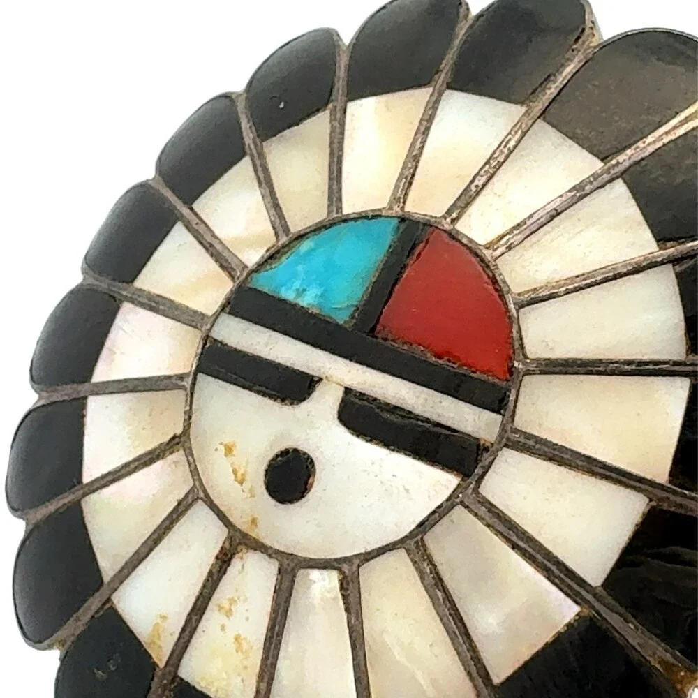 Native American Sterling Silver Gemstone Inlay Chief Sunface Statement Necklace - Picture 5 of 8